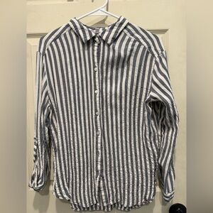 Blue and White Vertical Stripe Button-Up Shirt